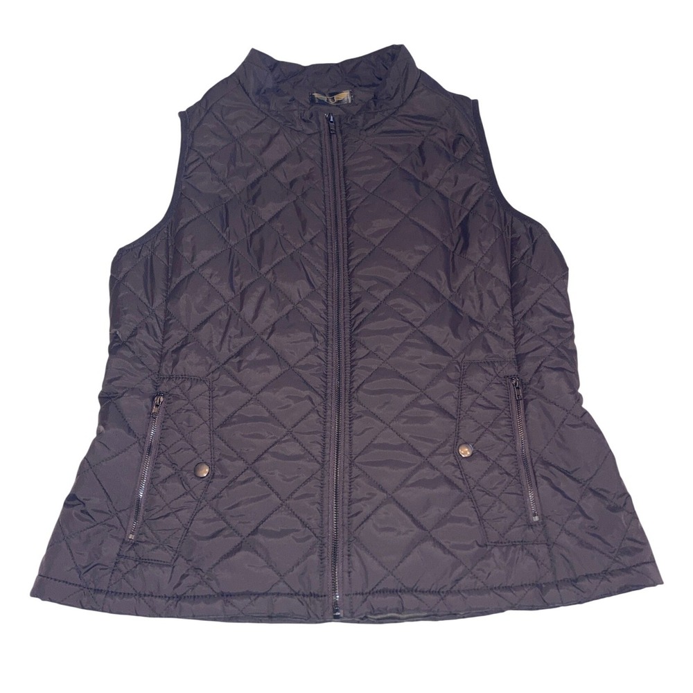 Womens Dark Brown Diamond Quilted Zip Up Mock Neck Puffer Vest Equestrian Style